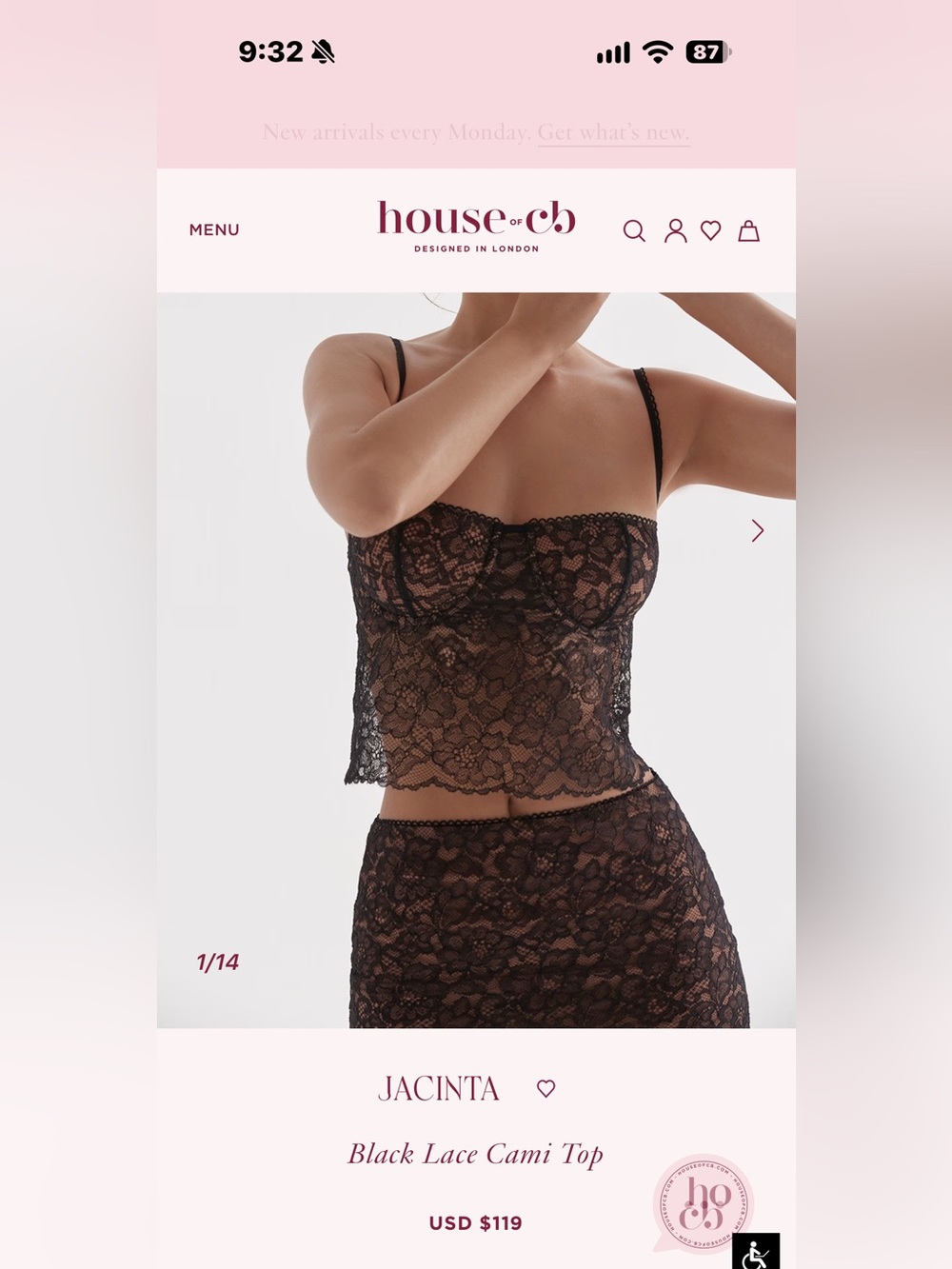 House of CB Jacinta Black Lace Cami Bustier Top Size L
